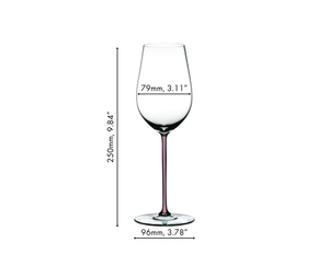 A RIEDEL Fatto A Mano Riesling/Zinfandel glass in mauve filled with red wine on a white background. 