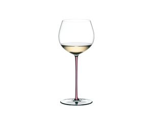 A RIEDEL Fatto A Mano Oaked Chardonnay glass in mauve filled with white wine on a transparent background. 