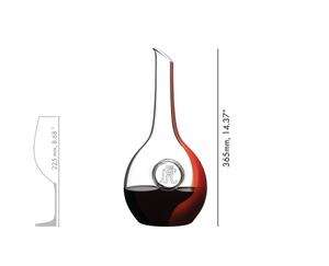 A RIEDEL Chinese Zodiac Tiger Decanter Red on a white background with product dimensions: Height: 365 mm | 14.37 inch. 