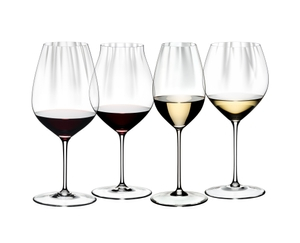 RIEDEL Performance Tasting Set filled with a drink on a white background