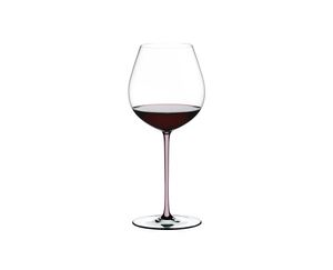 A RIEDEL Fatto A Mano Pinot Noir glass in pink filled with red wine on a transparent background. 