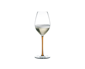 RIEDEL Fatto A Mano Gift Set Champagne Wine Glass filled with a drink on a white background