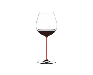 A RIEDEL Fatto A Mano Pinot Noir in red filled with red wine on a transparent background. 