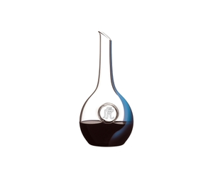 A RIEDEL Chinese Zodiac Tiger Decanter Blue filled with red wine on a transparent background. 