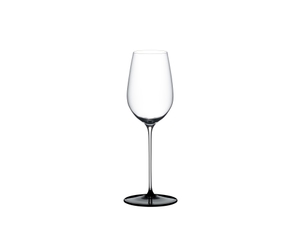 RIEDEL Fatto A Mano Black Tie Riesling filled with a drink on a white background