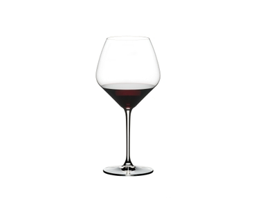 RIEDEL Extreme Pinot Noir filled with a drink on a white background