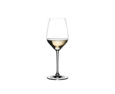 RIEDEL Extreme Riesling filled with a drink on a white background