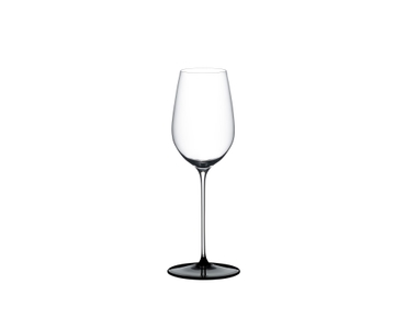 RIEDEL Fatto A Mano Black Tie Riesling filled with a drink on a white background