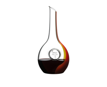 RIEDEL Chinese Zodiac Ox Decanter - red/yellow filled with a drink on a white background