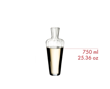 RIEDEL Mosel Decanter (handmade) filled with a drink on a white background