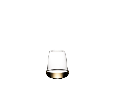 SL RIEDEL Stemless Wings Riesling/Sauvignon/Champagne Glass filled with a drink on a white background