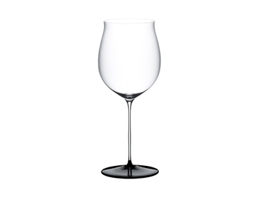 RIEDEL Fatto A Mano Black Tie Burgundy Grand Cru filled with a drink on a white background