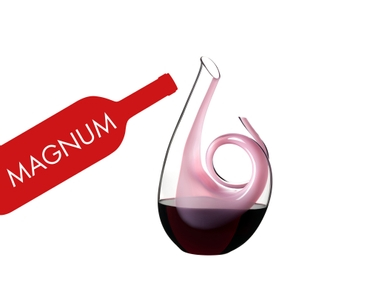 RIEDEL Curly Magnum Decanter - pink filled with a drink on a white background