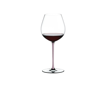 A RIEDEL Fatto A Mano Pinot Noir glass in pink filled with red wine on a transparent background. 