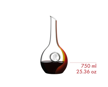 A RIEDEL Chinese Zodiac Tiger Decanter Red/Yellow on a white background filled with 750 ml | 25.61 oz. 