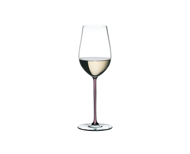 A RIEDEL Fatto A Mano Riesling/Zinfandel glass in mauve filled with white wine on a transparent background. 