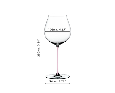 A RIEDEL Fatto A Mano Pinot Noir glass in pink filled with red wine on a white background. 