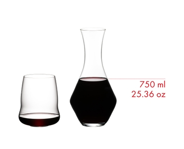Four SL RIEDEL Stemless Wings Cabernet/Merlot glasses and a Decanter Merlot filled with red wine stand side by side or slightly behind each other on a white background. 