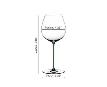 A RIEDEL Fatto A Mano Pinot Noir glass in green stands together with a bottle of wine, a white, a black, a yellow, a red and a dark blue RIEDEL Fatto A Mano Pinot Noir glass against a gray background. 