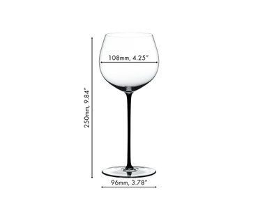 A RIEDEL Fatto A Mano Oaked Chardonnay glass in black filled with white wine on a white background. 