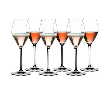 RIEDEL Extreme Rosé Wine/Rosé Champagne Glass filled with a drink on a white background