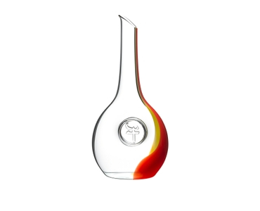 RIEDEL Chinese Zodiac Ox Decanter - red/yellow filled with a drink on a white background