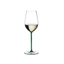 A RIEDEL Fatto A Mano Riesling/Zinfandel glass in green filled with white wine on a transparent background. 