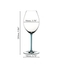 A RIEDEL Fatto A Mano Syrah glass in turquoise filled with red wine on a white background. 