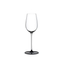 RIEDEL Fatto A Mano Black Tie Riesling filled with a drink on a white background