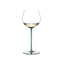 A RIEDEL Fatto A Mano Oaked Chardonnay glass in turquoise filled with white wine on a transparent background. 