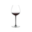 A RIEDEL Fatto A Mano Pinot Noir glass in black filled with red wine on a transparent background. 
