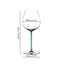 A RIEDEL Fatto A Mano Pinot Noir glass in turquoise filled with red wine on a white background. 