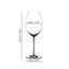 A RIEDEL Fatto A Mano Syrah glass in violet filled with red wine on a white background. 