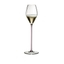 A RIEDEL High Performance Champagne Glass with a pink stem filled with champagne on a transparent background. 