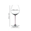 A RIEDEL Fatto A Mano Pinot Noir glass in pink filled with red wine on a white background. 