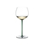 A RIEDEL Fatto A Mano Oaked Chardonnay glass in green filled with white wine on a transparent background. 