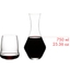 Four SL RIEDEL Stemless Wings Cabernet/Merlot glasses and a Decanter Merlot filled with red wine stand side by side or slightly behind each other on a white background. 