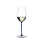A RIEDEL Fatto A Mano Riesling/Zinfandel glass in dark blue filled with white wine on a transparent background. 