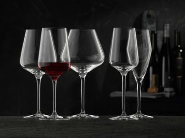 The NACHTMANN Vinova crystal glass series with the with red wine filled red wine glass and the empty Bordeaux glass, Burgundy glass, White Wine Glass and Champagne glass.<br/>