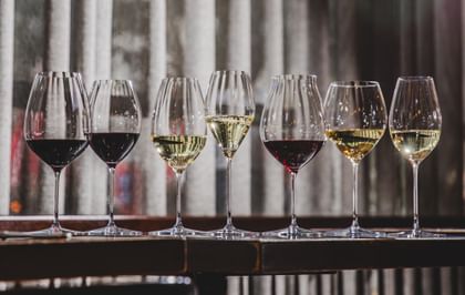 RIEDEL Performance collection on a table top filled with wines.