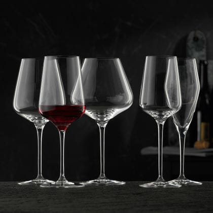 Die NACHTMANN Vinova Kristallglas-Serie mit dem mit Rotwein gefüllten Rotweinglas und dem leeren Bordeauxglas, Burgunderglas, Weißweinglas und Champagnerglas.<br/>