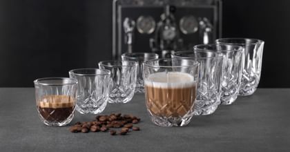 various coffee glassware lined up