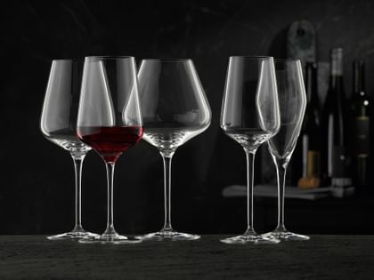 Die NACHTMANN Vinova Kristallglas-Serie mit dem mit Rotwein gefüllten Rotweinglas und dem leeren Bordeauxglas, Burgunderglas, Weißweinglas und Champagnerglas.<br/>