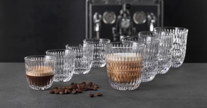 various coffee glassware lined up