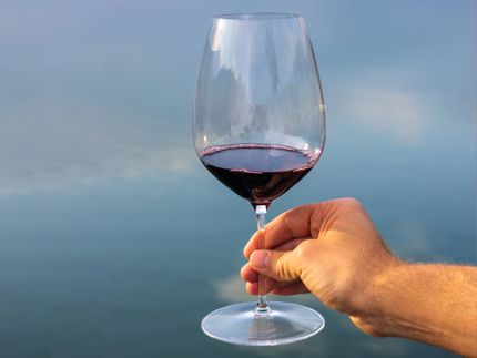 Man holding RIEDEL Veloce Cabernet glass filled with wine over water.